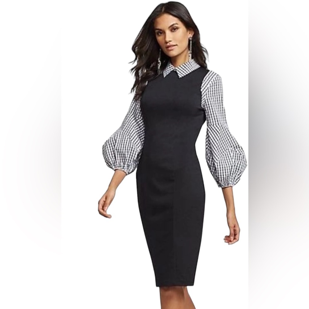 NEW YORK & COMPANY SZ L Twofer sheath dress black & white Bishop puff sleeves‎
